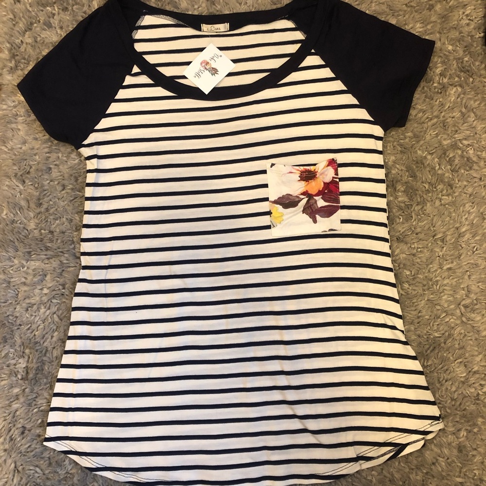 NWT Navy Striped Tee With Floral Pocket